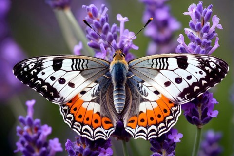 Butterfly resting on a blooming lavender plant, with its delicate wings fully spread and fine