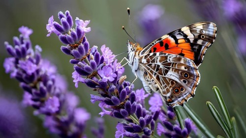 Butterfly resting on a blooming lavender plant, with its delicate wings fully spread and fine