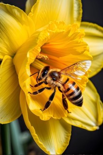 Honeybee collecting nectar from a vibrant yellow daffodil, showing intricate details of the flower