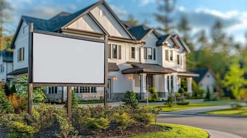 Blank real estate sign ready for your message in front of house or office. generative AI, AI