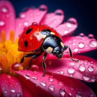 Ladybug crawling on a wet flower petal, with rain droplets, AI generated