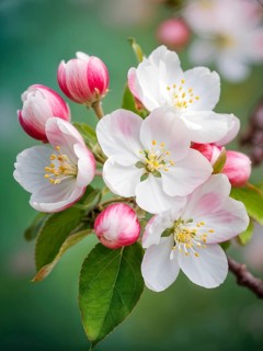 Blossoming apple blossoms in springtime, with soft pink and white petals contrasting against a