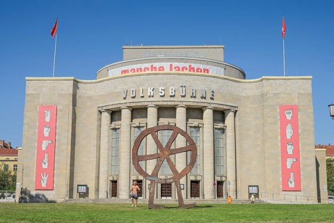 Robber's Wheel metal sculpture, Volksbühne, Rosa-Luxemburg-Platz, Mitte, Berlin, Germany, Europe