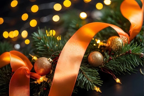 Christmas garland with gold and orange ribbons intertwined with pine needles and tiny twinkling
