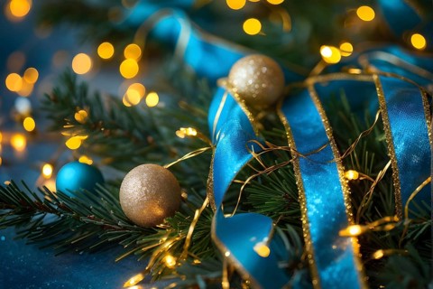 Christmas garland with gold and blue ribbons intertwined with pine needles and tiny twinkling