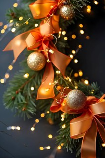 Christmas garland with gold and orange ribbons intertwined with pine needles and tiny twinkling