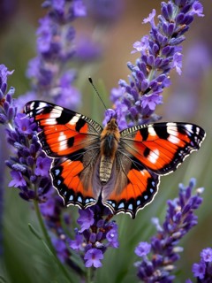 Butterfly resting on a blooming lavender plant, with its delicate wings fully spread and fine