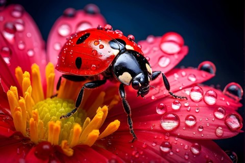 Ladybug crawling on a wet flower petal, with rain droplets, AI generated