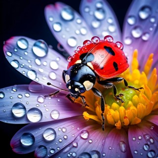 Ladybug crawling on a wet flower petal, with rain droplets, AI generated