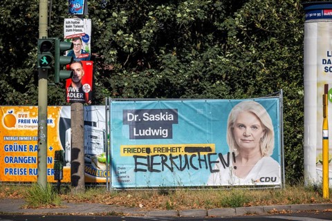 State election in Brandenburg 2024: parties advertise for votes on election posters. Peace, freedom
