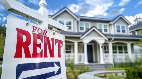 Home for rent real estate sign in front of house. generative AI, AI generated