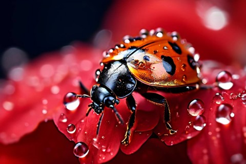 Ladybug crawling on a wet flower petal, with rain droplets, AI generated