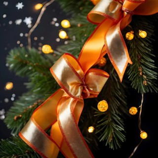 Christmas garland with gold and orange ribbons intertwined with pine needles and tiny twinkling