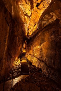 The illuminated Mammut Cave, a cave in the Dachstein massif. Obertraun, Salzkammergut, Upper