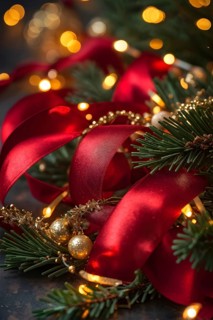 Christmas garland with gold and red ribbons intertwined with pine needles and tiny twinkling