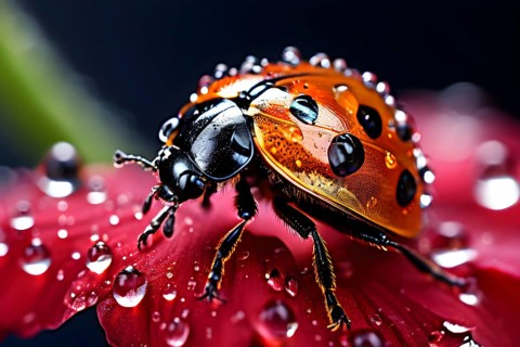 Ladybug crawling on a wet flower petal, with rain droplets, AI generated