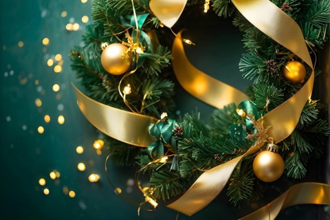 Christmas garland with golden ribbons intertwined with pine needles and tiny twinkling lights,