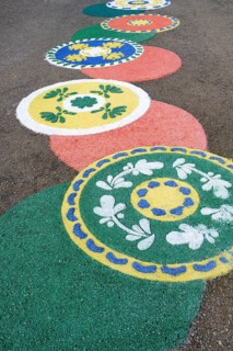 Flower motives on the ground during the Flower festival, Viana do Castelo, Minho, Portugal, Europe