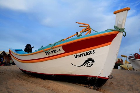 Fishing boat on the beach in Armacao de Pera, Algarve, Portugal, Europe
