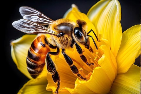 Honeybee collecting nectar from a vibrant yellow daffodil, showing intricate details of the flower