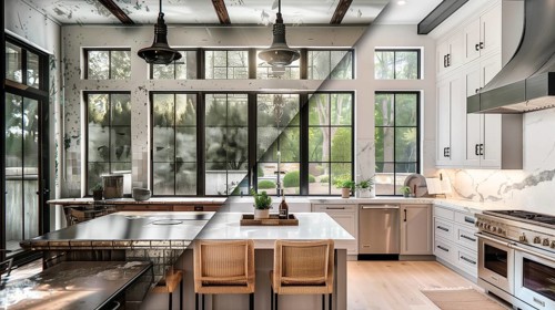 Before and after of A run down old and dirty kitchen to a remodeled contemporary kitchen, AI