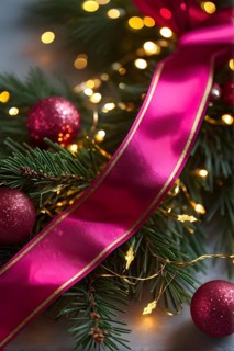 Christmas garland with gold and magenta ribbons intertwined with pine needles and tiny twinkling