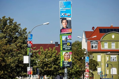 State election in Brandenburg 2024: parties canvass for votes on election posters. Nauen,