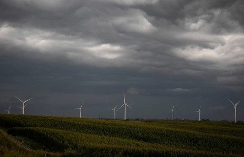 Adair, Iowa, A storm approaches wind turbines in western Iowa