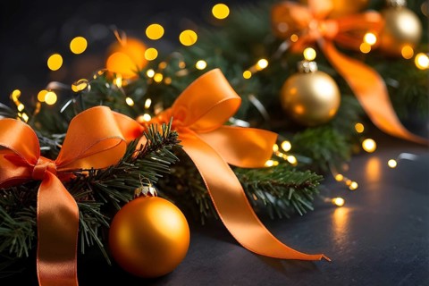 Christmas garland with gold and orange ribbons intertwined with pine needles and tiny twinkling