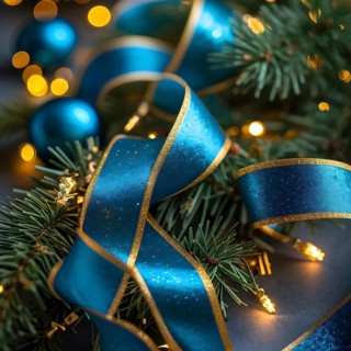 Christmas garland with gold and blue ribbons intertwined with pine needles and tiny twinkling