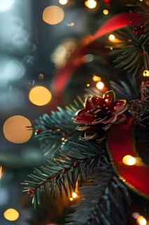 Christmas garland with gold and red ribbons intertwined with pine needles and tiny twinkling
