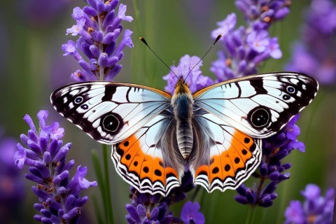 Butterfly resting on a blooming lavender plant, with its delicate wings fully spread and fine