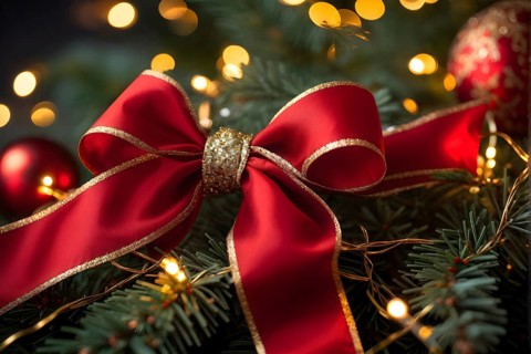 Christmas garland with gold and red ribbons intertwined with pine needles and tiny twinkling