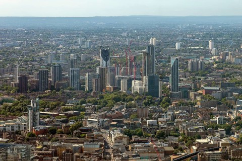 Sweeping views over London with numerous skyscrapers and green spaces, London, United Kingdom