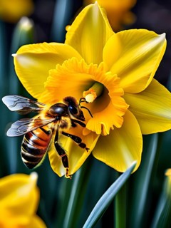 Honeybee collecting nectar from a vibrant yellow daffodil, showing intricate details of the flower