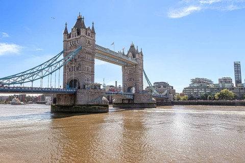 Fascinating view of the striking historic Tower Bridge over the River Thames on a sunny day,