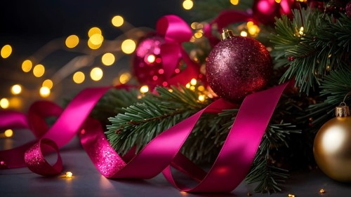 Christmas garland with gold and magenta ribbons intertwined with pine needles and tiny twinkling