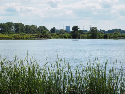View of a lake with a power station behind it, Roermond, Netherlands