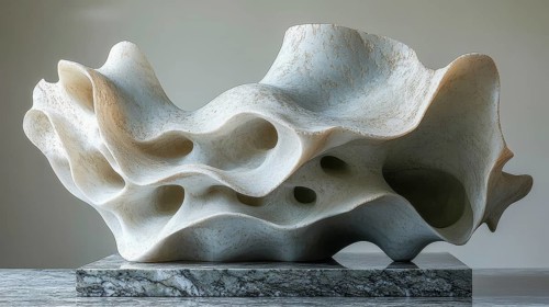 Abstract stone sculpture with flowing, organic shapes and a wavy design in beige tones, AI