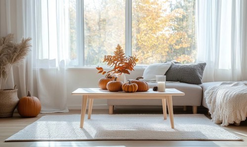 Scandinavian living room with a light wooden coffee table, white rug, autumn leaves centerpiece,