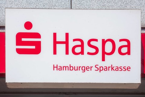 Logo of Hamburger Sparkasse Haspa on a bank branch, Hamburg, Germany, Europe