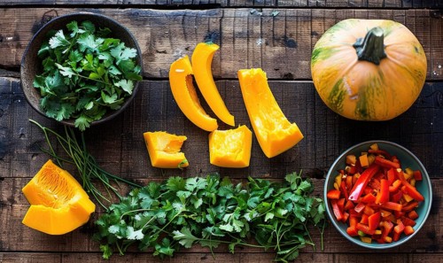 A top-down view of a wooden table with fresh cilantro, pumpkin wedges, garlic cloves AI generated