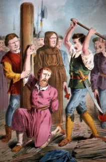 Anabaptist Christian having his hand cut off at the stake