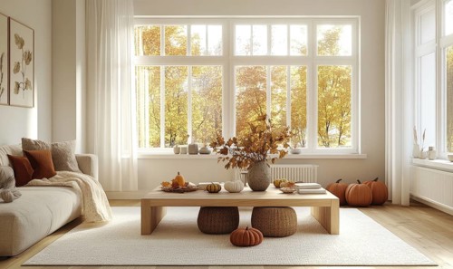 Scandinavian living room with a light wooden coffee table, white rug, autumn leaves centerpiece,
