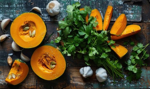 A top-down view of a wooden table with fresh cilantro, pumpkin wedges, garlic cloves AI generated