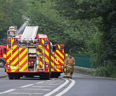 Hebden bridge, west yorkshire, united kingdom, 1 august 2019: fire engines in the road at the