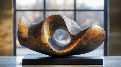 An abstract wooden sculpture with a central hole, showcased indoors, AI generated