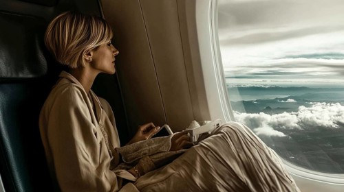 A woman gazing out the airplane window at the clouds, reflecting a serene and comfortable travel