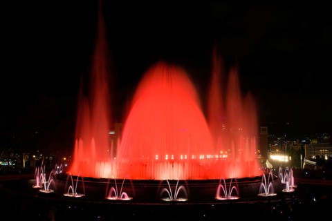 The colorful water show of Magic Fountain of Montjuic with light and music in Barcelona, Spain,
