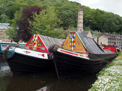 Hebden bridge, west yorkshire, england, 23 may 2019: old barges at the narrow boats club gathering
